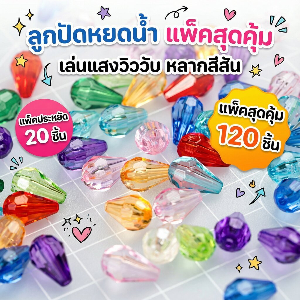 ลูกปัดคริสตัลอะคริลิค ทรงหยดน้ำ แพ็คคุ้ม 20/100 ชิ้น ใช้น้อยใช้เยอะเลือกได้