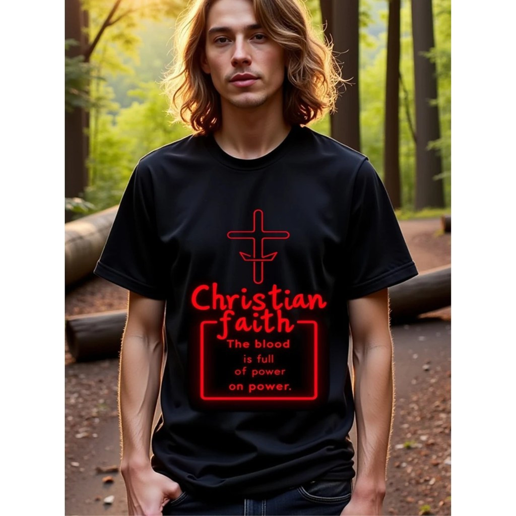ทีเชิ้ตชายขนาดใหญ่ ศรัทธาคริสเตียน เสื้อยืดกราฟิกสีแดงนีออน ความพลังเต็มเปี่ยม สไตล์วินเทจ