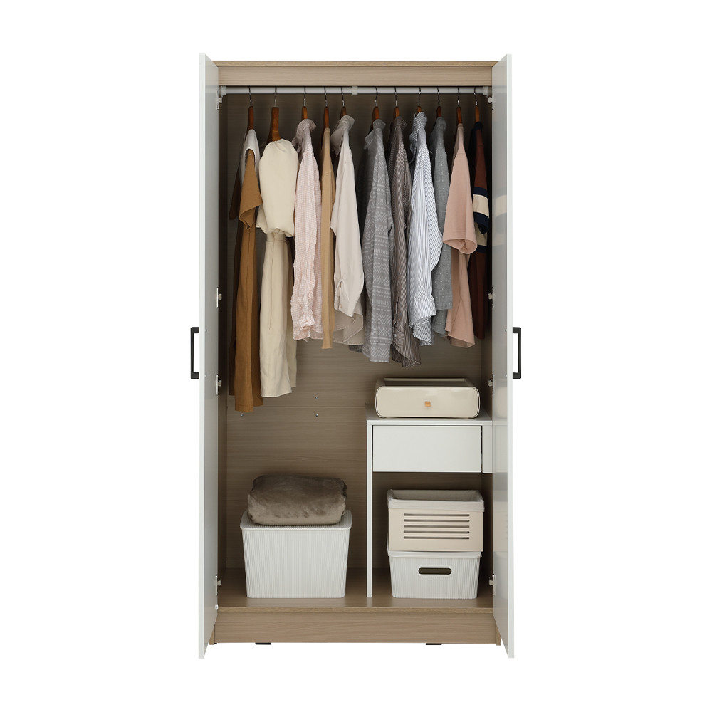 Furinbox ตู้เสื้อผ้า 2 บาน รุ่นเฟส ขนาด 90 ซม. - สีธรรมชาติ/ขาว - รูปที่ 3