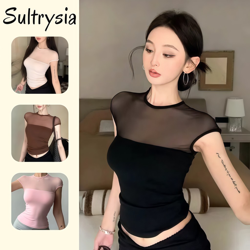 SultrySia เสื้อแขนสั้นหรือแขนกุดผู้หญิง ท่อนบนรัดรูป ดีไซน์โปร่งแสง เซ็กซี่ สีสันสดใส ใส่สบาย FY1040-0