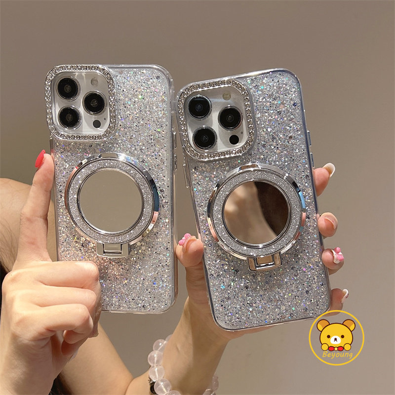 SAMSUNG Glitter Mirror Holderเคสโทรศัพท์สําหรับSamsung Galaxy S26 S25 S24 S23 S22 S21 S20 S10 Plus Ultra Edge FEหมายเหตุ20 Ultra 10 Plus Liteปกน่ารักหรูหราเพชรกรอบปลอกอ่อน