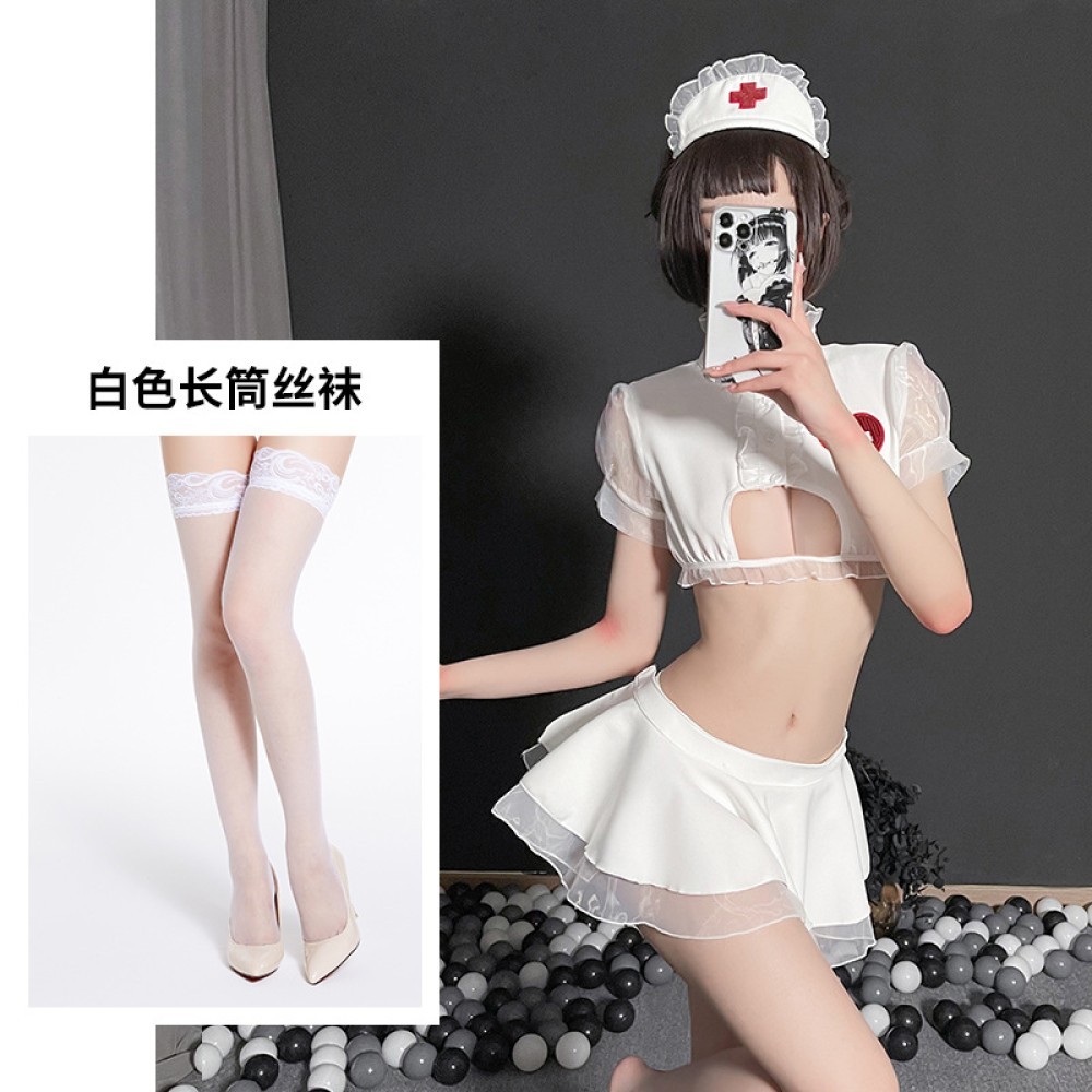 ชุดชั้นใน WRF เซ็กซี่หวานพยาบาลเสื้อฟรีชุดยูนิฟอร์มกระโปรงสั้นลมคอสเพลย์ชุด - สีชมพู + ถุงน่องตาข่าย