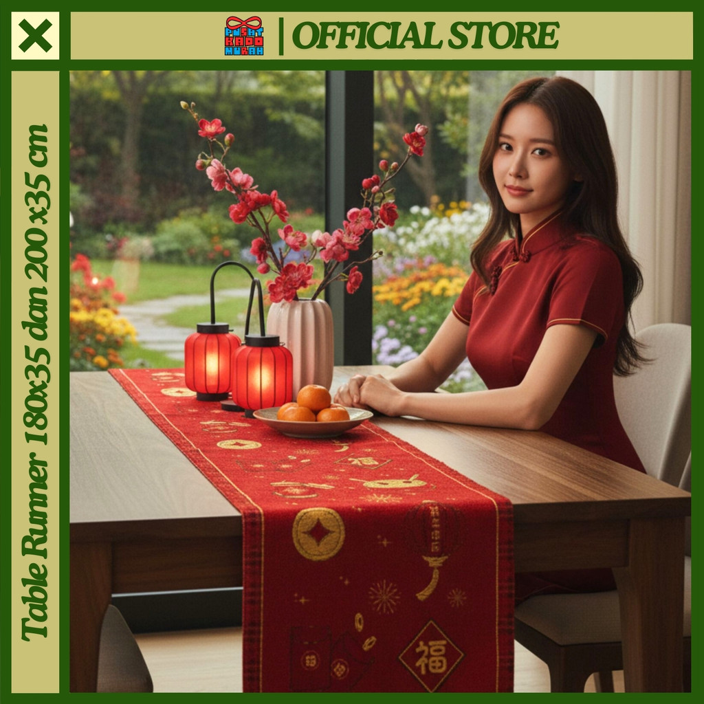 พรีเมี่ยมหรูหราตรุษจีน Red-Gold Series Table Runner 180x35 และ 200x35 ซม. CNY Imlek Oriental Aesthet
