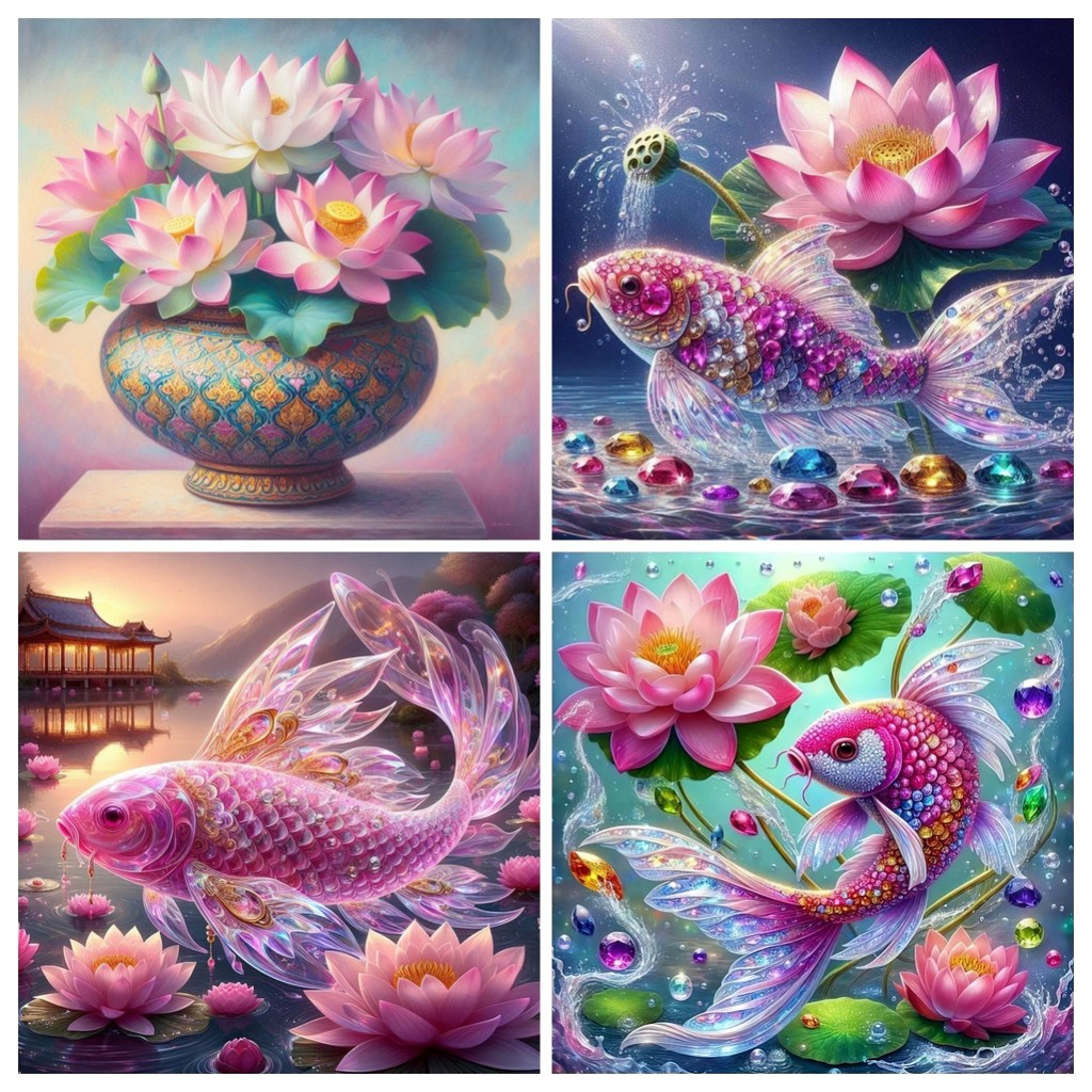 ชุดภาพวาดเพชรลายดอกบัว/ปลา, ทําเอง 5ง ภาพวาดเพชรโมเสคภาพวาดผ้าใบทําหัตถกรรมสําหรับตกแต่งผนังศิลปะ, ไม่มีกรอบ