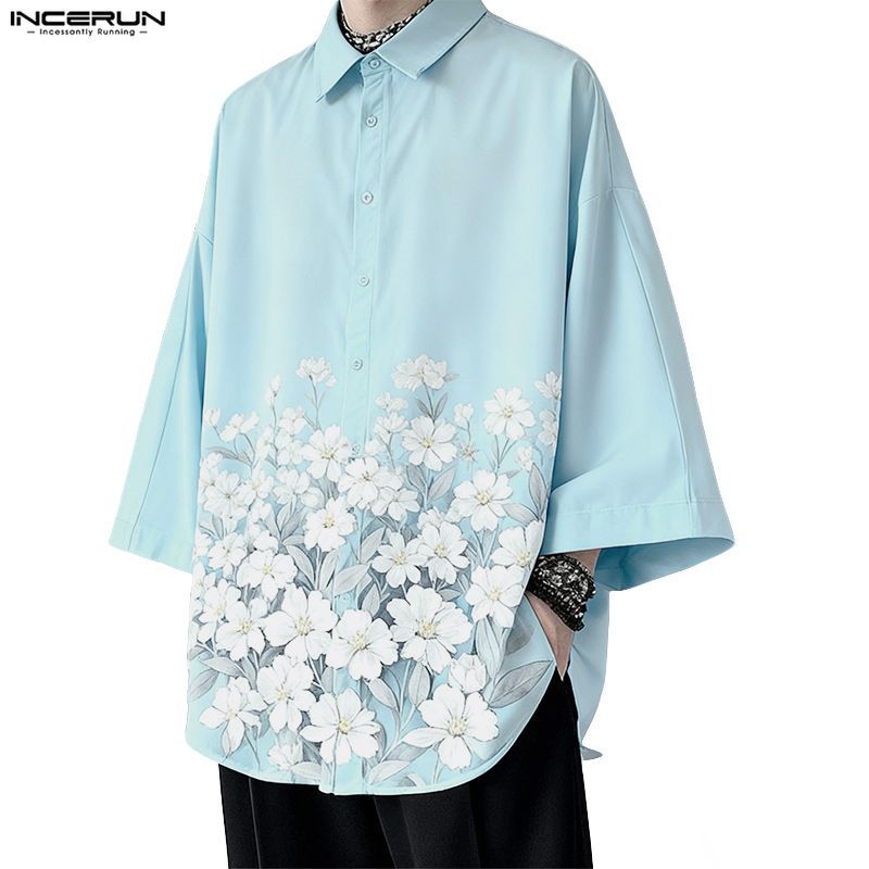 INCERUN เสื้อแขนยาวผู้ชาย สไตล์เกาหลี ลายดอกไม้ พิมพ์ลายสวยงาม คอกระดุมเปิดแบบแฟชั่น