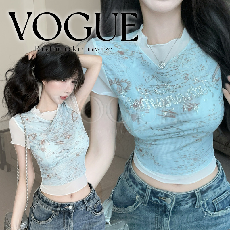 Vogue🌟พร้อมส่ง🌟 เสื้อยืดแขนสั้น ผ้าซีทรู ดีเทลผ้า2เลเยอร์ สไตร์อเมริกัน ทรงกระชับ (FY514)