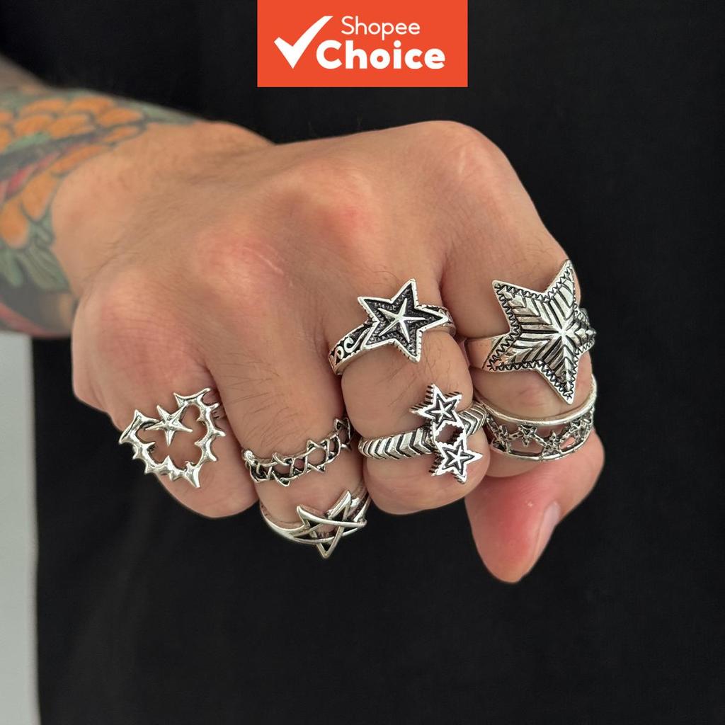 7 ชิ้น Hollow Heart & Star แหวนชุดสําหรับชาย, Retro โลหะ Stackable แหวน,อินเทรนด์ชายเครื่องประดับนิ้วมือ
