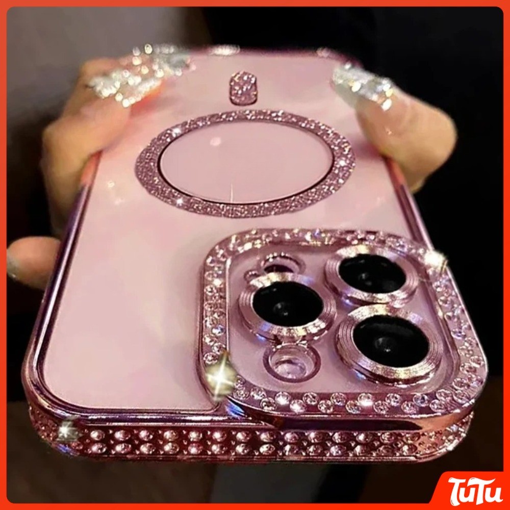 TuTu แฟชั่นแวววาวเพชรโปร่งใสเคสแม่เหล็กสําหรับiPhone 16 15 14 13 17 12 Pro Max 16 Plusไร้สายชาร์จป้องกันหน้าจอฝาครอบโทรศัพท์