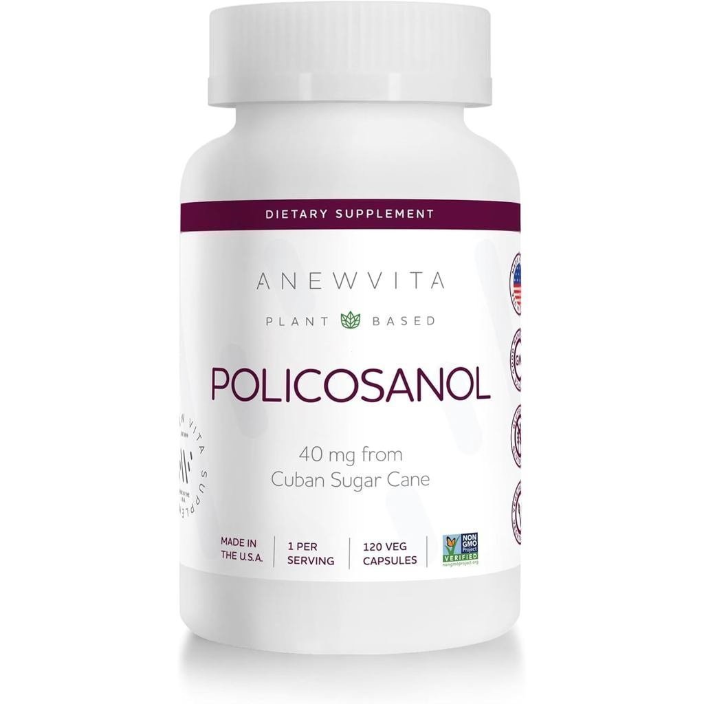 Anew Vita Policosanol อาหารเสริม - ระดับไขมันเพื่อสุขภาพ, ฟังก์ชั่นจาน & การไหลเวียน, Sugarcane คิวบา, เสิร์ฟละ 40 มก., ปราศจากกลูเตน - 120 แคปซูลผัก, Ma