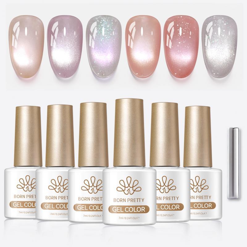 BORN PRETTY 6 สี Nice Coast สีม่วงแมวแม่เหล็กเจลโปแลนด์ชุดสีชมพู Ultra Shine Glitter UV LED เจลเคลือบเงา