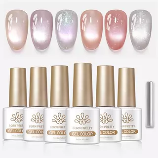 BORN PRETTY 6 สี Nice Coast สีม่วงแมวแม่เหล็กเจลโปแลนด์ชุดสีชมพู Ultra Shine Glitter UV LED เจลเคลือบเงา