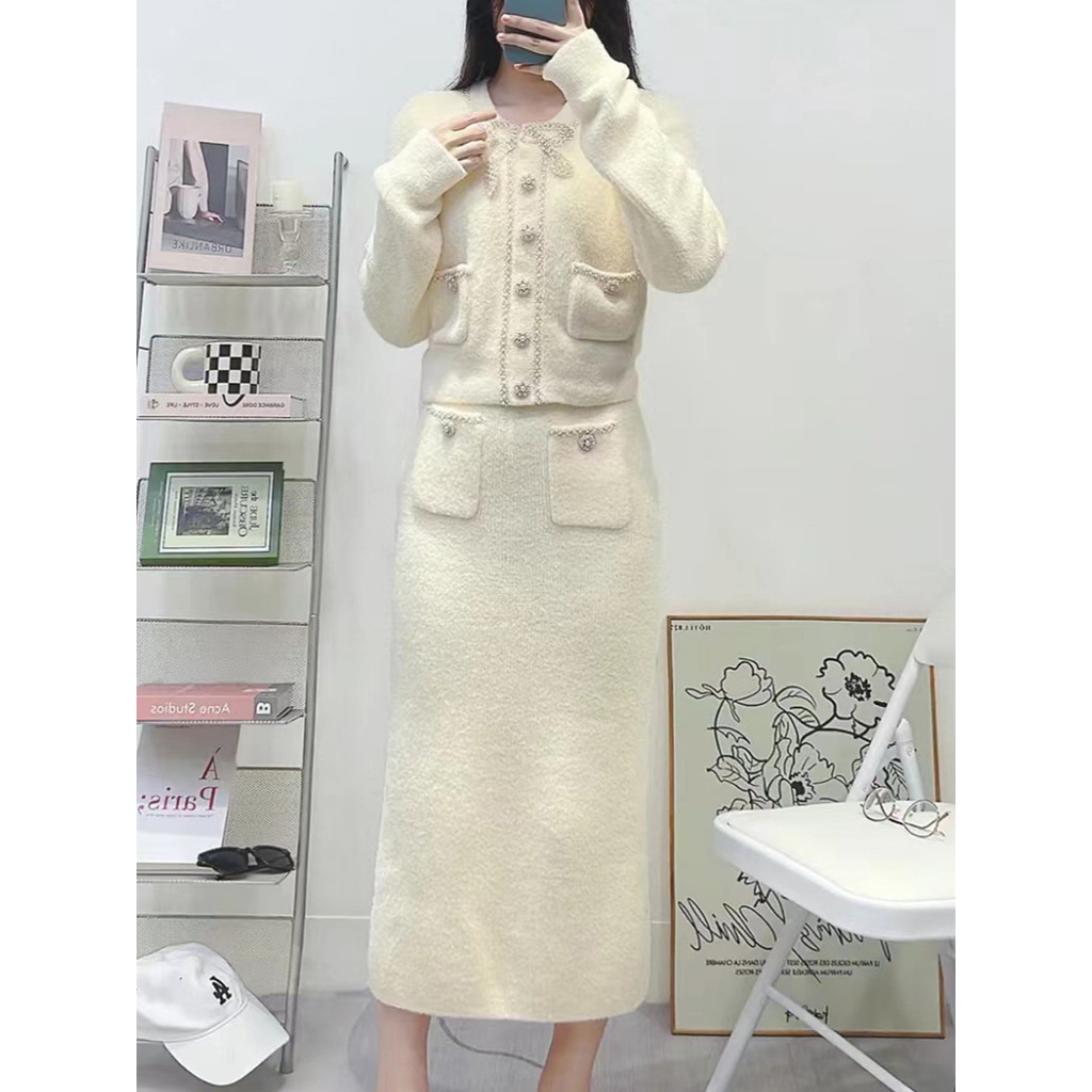 F23Y Self Portrait Autumn and Winter Off-White Elegant Bowknot Fuzzy Knit Cardigan+Women's Knitted S