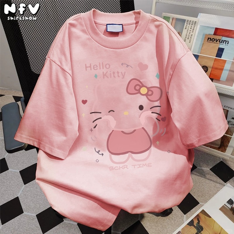 【จัดส่งจากกรุงเทพฯ】NFV✨เสื้อยืดคอกลมแขนสั้น  ลายแมวน่ารัก oversize ผ้าคอตตอน YG732