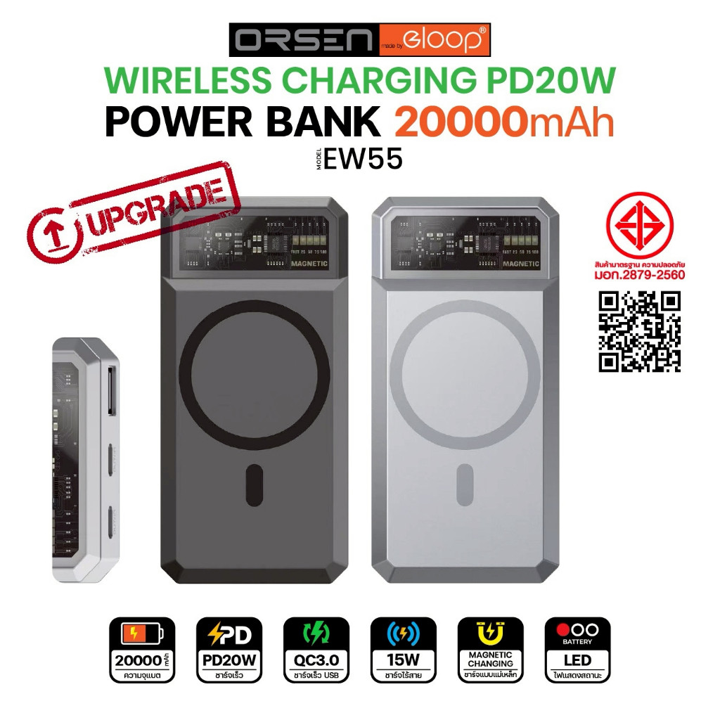 แบตสำรอง Orsen Eloop EW55 ชาร์จไร้สาย 20000mAh PD20W PowerBank Magnetic