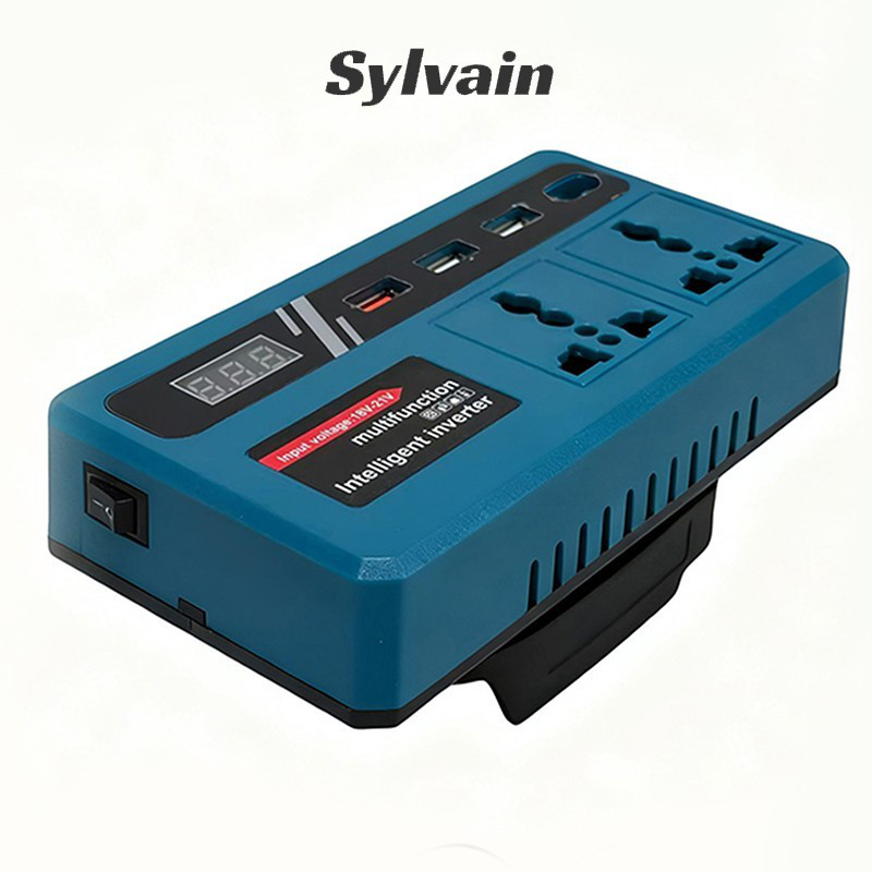 Dual Port 220V อินเวอร์เตอร์ USB 21V สถานีไฟฟ้าแบบพกพา อัจฉริยะ DC AC Converter สําหรับ Makita 18V แบตเตอรี่ เครื่องกําเนิดไฟฟ้ากลางแจ้งขนาดกะทัดรัด ปลอดภัย Multi-Protection 300W Peak Power