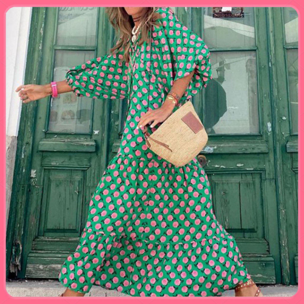 [BUBUE] ผู้หญิงพัฟแขนชุดผู้หญิง V คอผู้หญิงs Bohemian V คอ Maxi ชุด 3/4 พัฟแขนดอกไม้พิมพ์หลวม Fit Fl