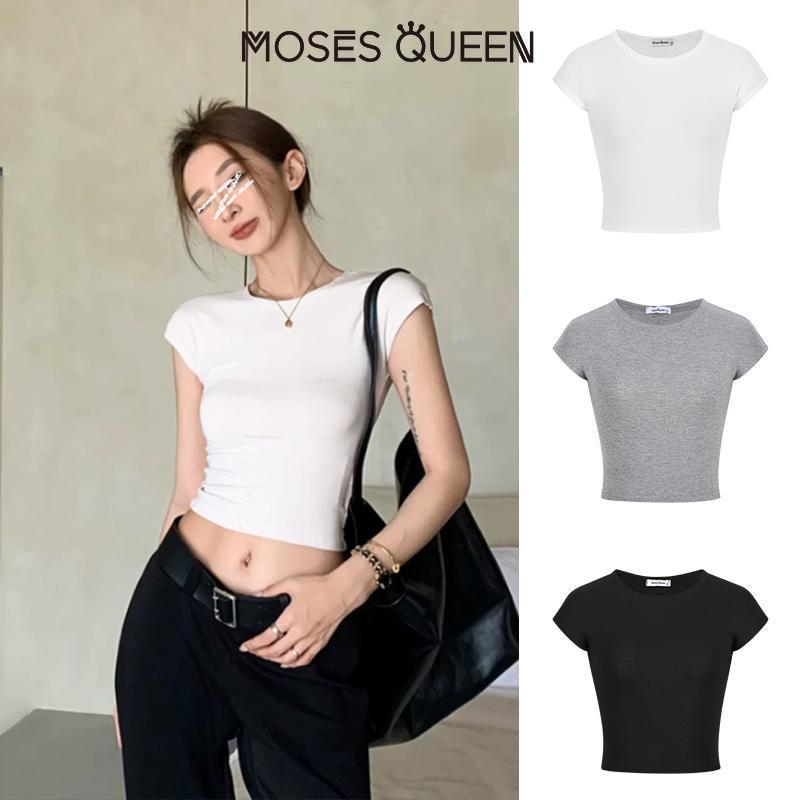 < MOSESQUEEN > เสื้อผ้าสตรี แบบสไตล์ฮอตเกิร์ล แขนสั้น ไหล่แคบ ฤดูร้อน กระชับตัว แขนสั้นที่พิเศษ ใส่ได้หลากหลาย คอเป็นลาย ผ้าฝ้าย ตัวเลียน เหมาะกับการสวมใส่ในชุมชน #62861