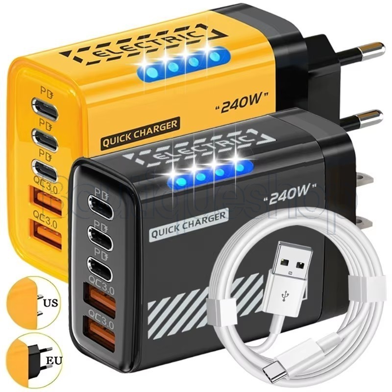 240W Fast Type-C Quick Charger - สาย USB ถึง Type C 2USB - 5 พอร์ต USB C Wall Adapter - US/EU ปลั๊กชาร์จโทรศัพท์ - สําหรับ iPhone 15 16 Xiaomi