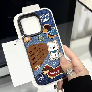เคสหนังลายสุนัขคู่รักสุดเท่ ลายกระต่าย สีเทียนชินจังสำหรับ IPhone 16 11 13 15 12 14 Pro Max XR XS X Max 16 15 7 8 Plus