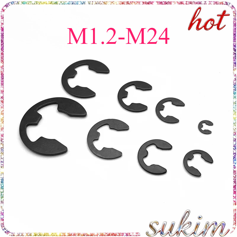 แหวนตัวอี แหวนล็อกตัวอี แหวนเกือกม้า สีดำ65Mn M1.2/M1.5/M2M2.5/M3M3.5/M4/M4.5M5-M24 (SUKIM-1）