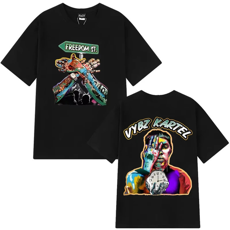 แร็พเซ็นเจอร์ Vybz Kartel เสื้อยืดโอเวอร์ไซส์ลายกราฟิกอัลบั้มสุดหรู เสื้อยืดผู้ชาย เสื้อยืดผ้าฝ้ายคุ