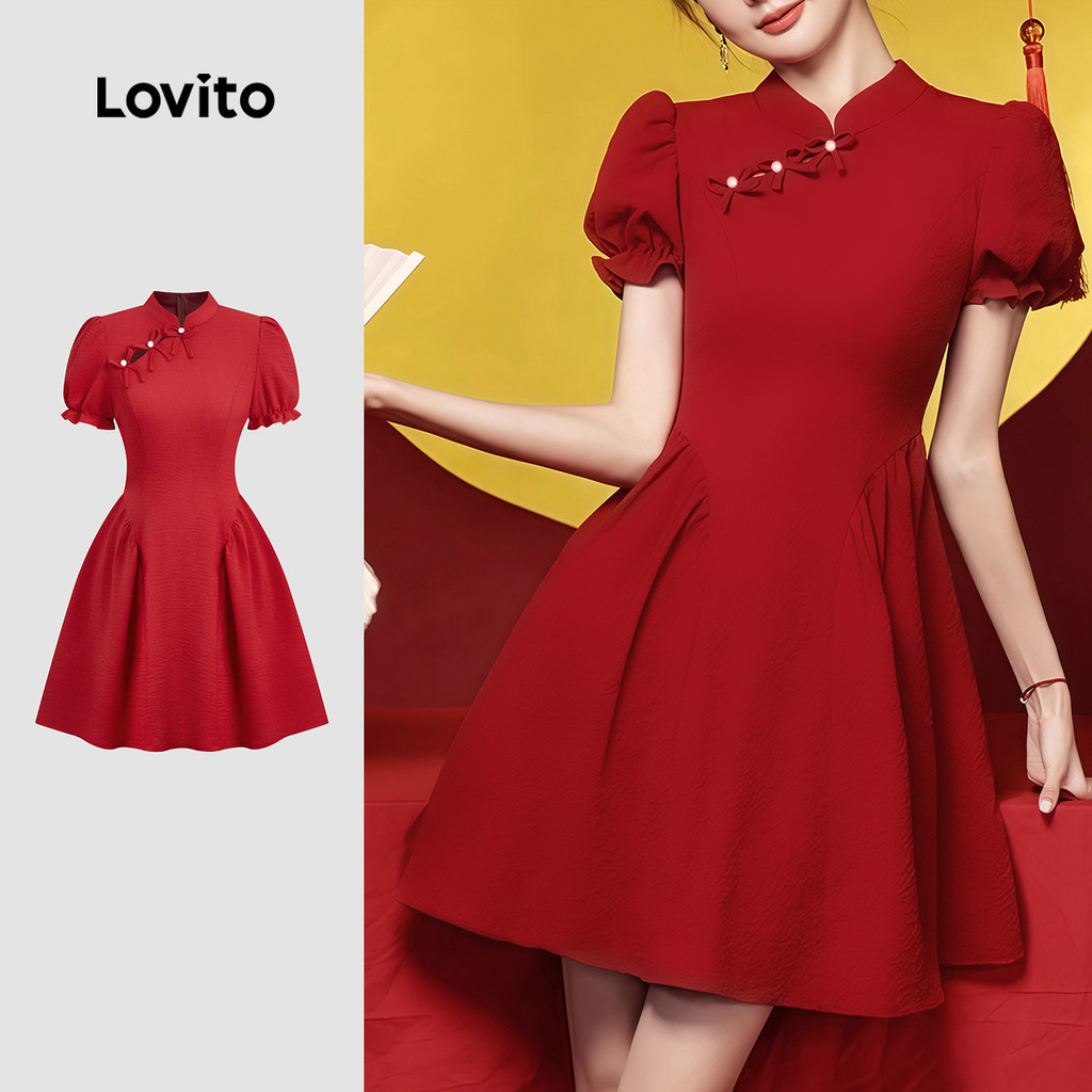 Lovito เดรสยาวสีแดงประดับกระดุม ดีไซน์หรูหรา สำหรับฤดูใบไม้ผลิ/ฤดูร้อน สำหรับผู้หญิง L156AD289