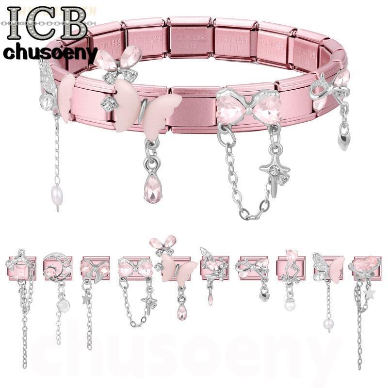 (สไตล์แพทช์)สีชมพูเสน่ห์โบว์สร้อยข้อมือเสน่ห์อิตาลีพอดี9มิลลิเมตรสร้อยข้อมือสแตนเลส ทําเอง เครื่องประดับทําอุปกรณ์บุคลิกภาพโมดูลสร้อยข้อมือเครื่องประดั