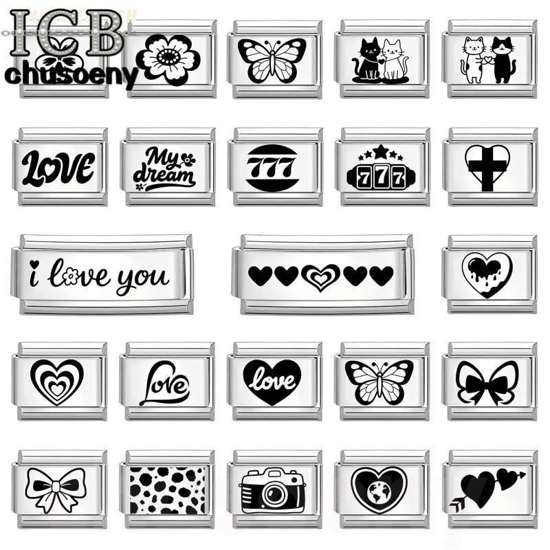 ดอกไม้สีดําตัวอักษร777หัวใจอิตาลีเสน่ห์สร้อยข้อมือพอดี9มิลลิเมตรสร้อยข้อมือสแตนเลส ทําเอง เครื่องประ