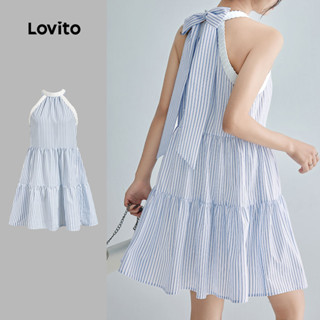 Lovito ชุดเดรสลำลองผูกโบว์หลัง เดรสสีฟ้าฤดูใบไม้ผลิ/ฤดูร้อนส…