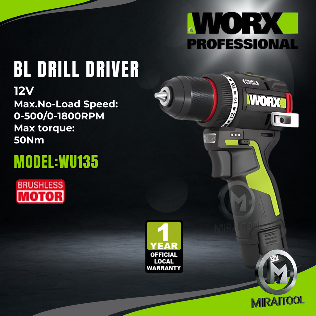 WORX WU135 12V ไดร์เวอร์สว่านไร้แปรงถ่าน 10 มม