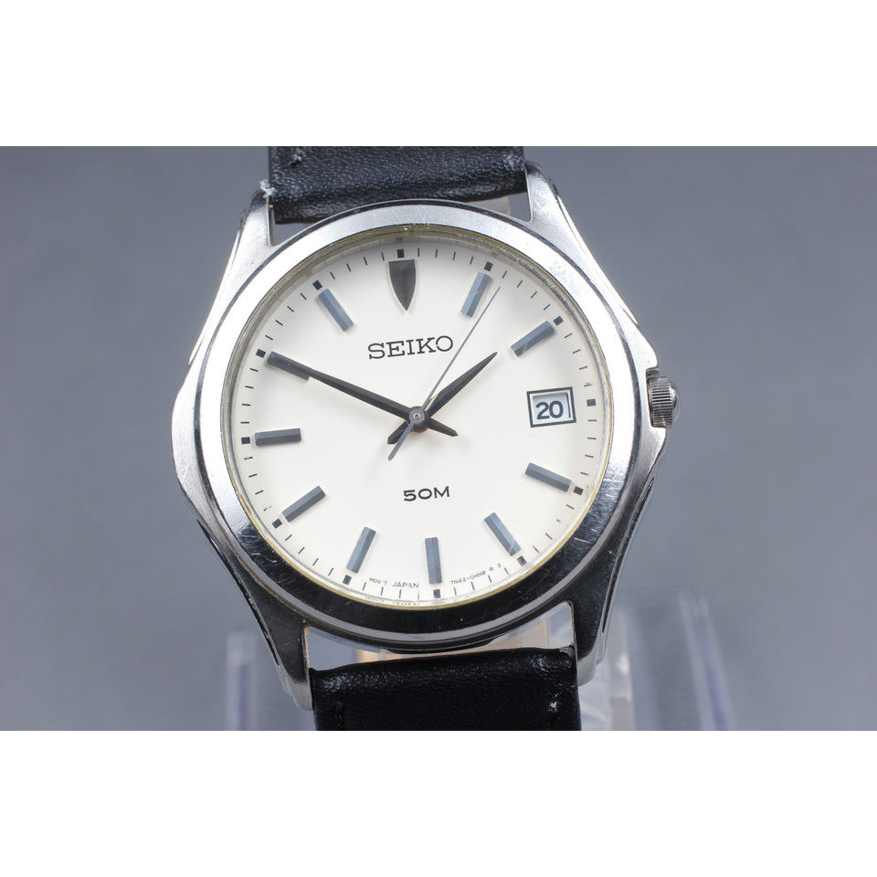 Vintage 1990 [Exc+4] Seiko 7N42-0EY0 Silver Date White 38mm Quartz Men's Watch