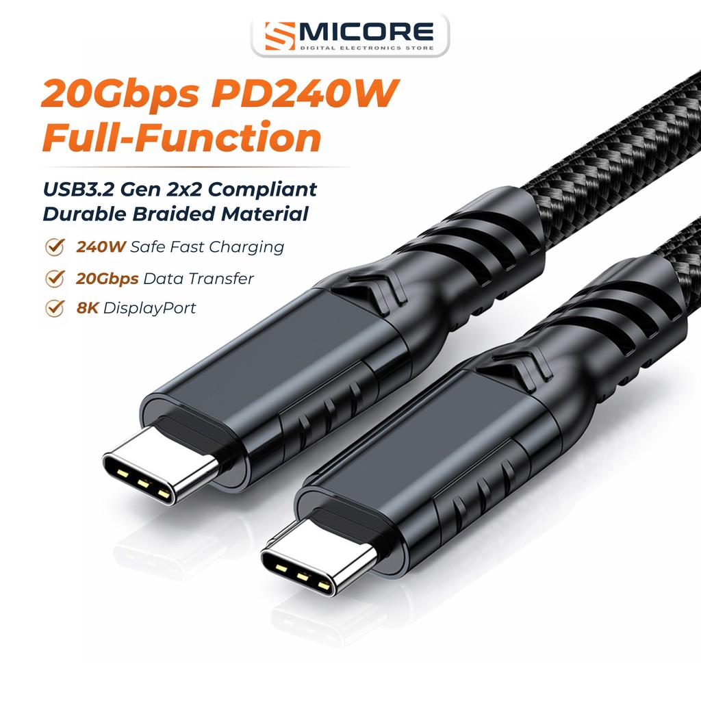 สายชาร์จเร็ว USB-C 240W 5A Type-C to Type-C USB3.2 20Gbps Full Function รองรับจอภาพ 8K