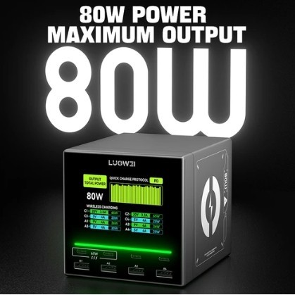 แท่นชาร์จ LUOWEI LW-U1 Mini 80W Raptor 8 พอร์ต USB และ Type-C พร้อมหน้าจอสี (ไม่มีระบบชาร์จไร้สาย)