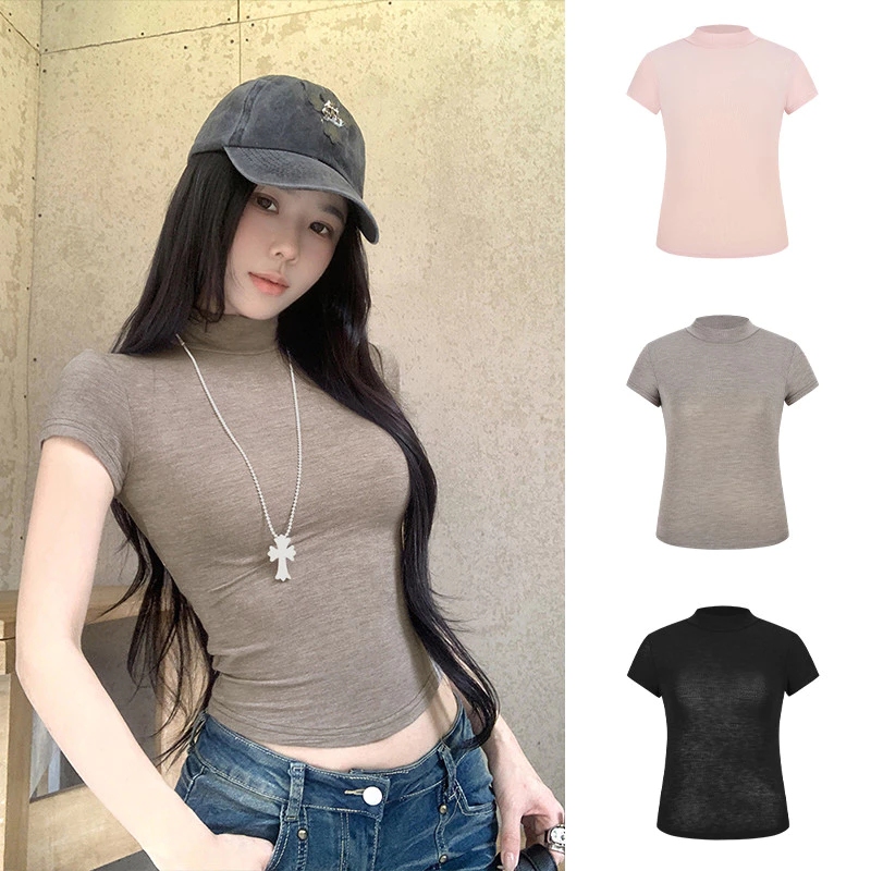 <Moses Queen> เสื้อยืดแขนสั้นคอสูงเนื้อผ้าบางเบาสำหรับผู้หญิง เสื้อตัวในสุดเซ็กซี่สำหรับฤดูร้อน