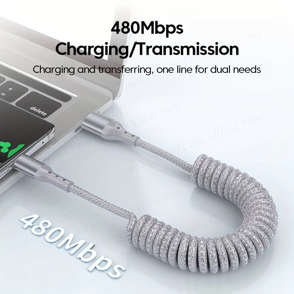 ข้อศอกสเตอริโอ USB/Type C ถึง Type C ฤดูใบไม้ผลิ Telescopic Data CABLE 100W Super Fast สายชาร์จไนลอนถักรถสายชาร์จสําหรับ IOS/Type C ราคา ถูกที่สุด ดีลบีเคเค แกลเลอรีภาพที่ 8