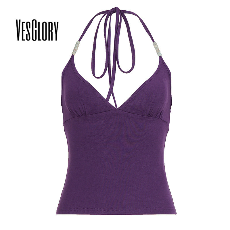 VesGlory ฮอลเตอร์แบคเกสส์เสื้อกล้ามแขนกุดสำหรับผู้หญิง ดีไซน์ใหม่ เหมาะสำหรับวิทยาลัยและสไตล์ Y2K