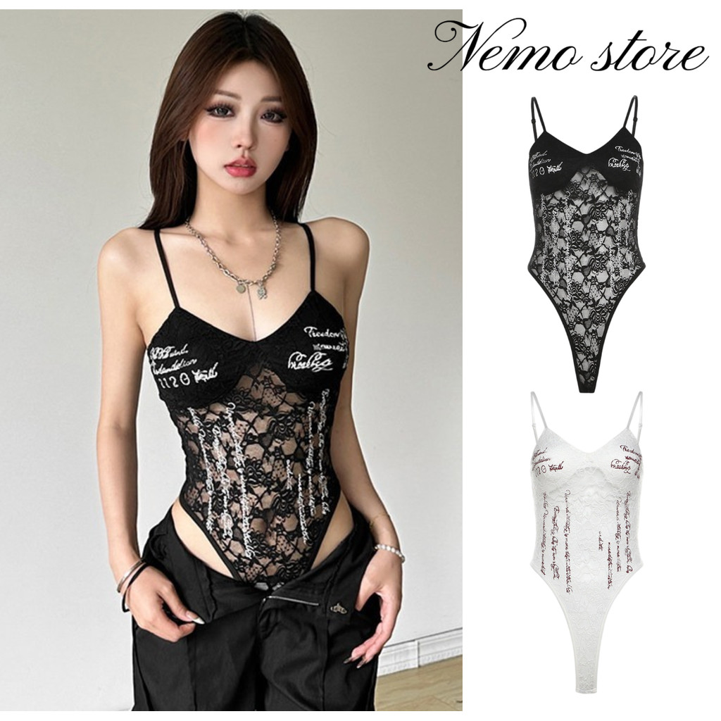 เสื้อบอดี้สูท ผ้าลายลูกไม้ ดีเทลสกรีนตัวหนังสือ มีฟองน้ำ Nemo🌸#FY2916#1