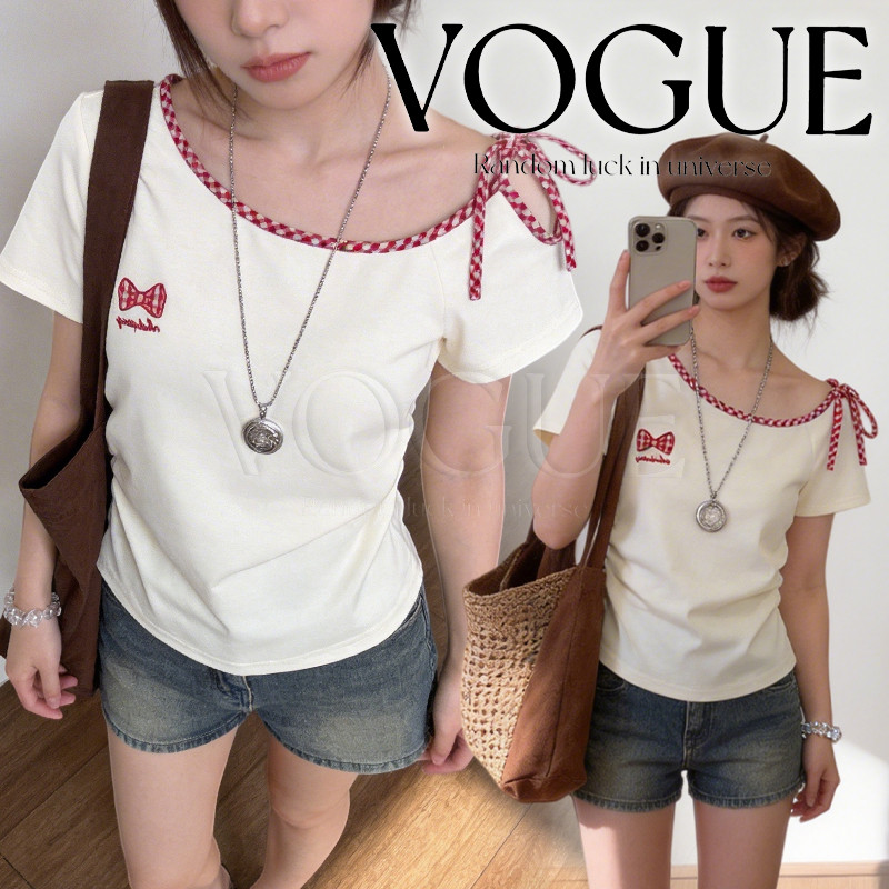 Vogue🌟พร้อมส่ง🌟 เสื้อยืดแขนสั่น คอกว้างผูกโบว์ น่ารักเก๋ๆ ยืดตามตัว สไตล์สาวเกา (FY3238)