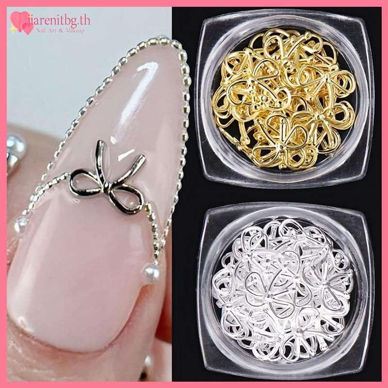 RENBG 30 ชิ้น/กล่อง 3D ประณีตโลหะ Ties Nail Art Charms Minimalist Gold Silver Ribbon Line Bows ปีกผสมตกแต่งเล็บ DIY Cool เล็บ TH