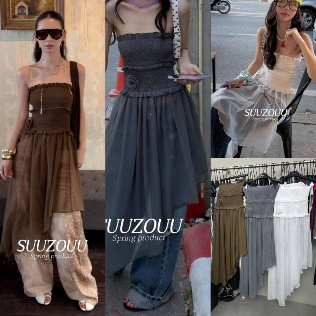 ❤ 🧵 🇰🇷 SU107 เกาะอก งานสม็อคทั้งตัว แต่งผ้าพริ้วเฉียงสวย ผ้าดีใส่สบาย ยืดหยุ่นได้เยอะ แฟชั่นเกาหลี TAG MM fish 🧵🧡