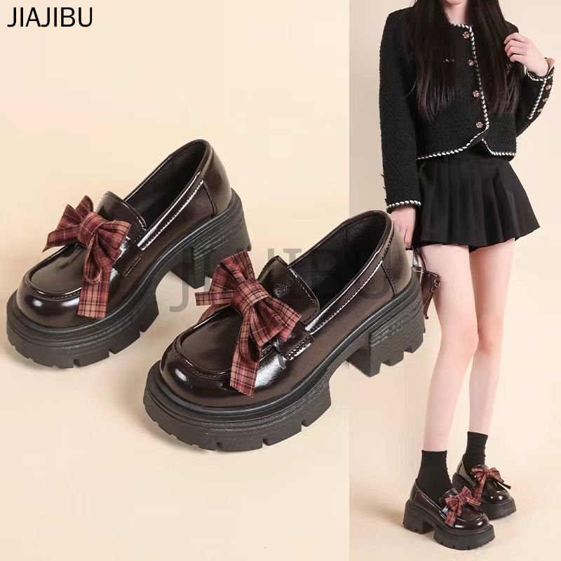 Retro Japanese JK Lolita Bow High-quality Slip-on Loafers for Women British College Style Non-slip Round Toe Black / Brown Chunky Heel Small Leather Shoes for School Girls Korean Fashion Casual Platform Mary Jane Doll Shoes French Cosplay Princess Shoes