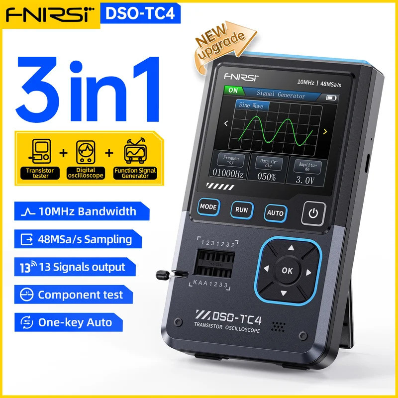 FNIRSI DSO-TC4 เครื่องมือ 3-in-1 รุ่นอัพเกรดใหม่ 10MHz 48Ms/s เครื่องมือวัดส่วนประกอบอิเล็กทรอนิกส์
