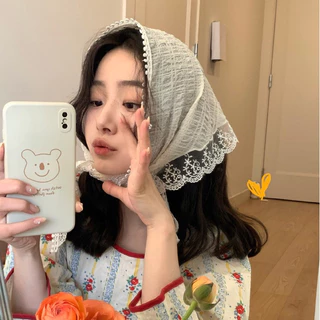 ผ้าโพกศีรษะ ผ้าพันคอ ทรงสามเหลี่ยม แต่งลูกไม้ ลายดอกไม้ แฟชั่นฤดูร้อน สไตล์ฝรั่งเศส ระบายอากาศ ถอดออกได้ ราคาถูก
