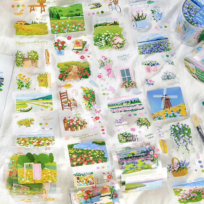 Pre Cut Washi Tape โปร่งใส PET Scrapbook เทปดอกไม้ Tree Field ภูมิทัศน์ทิวทัศน์ออกแบบสติกเกอร์สําหรับ Journals Planners งานฝีมือและไอเดียของขวัญ