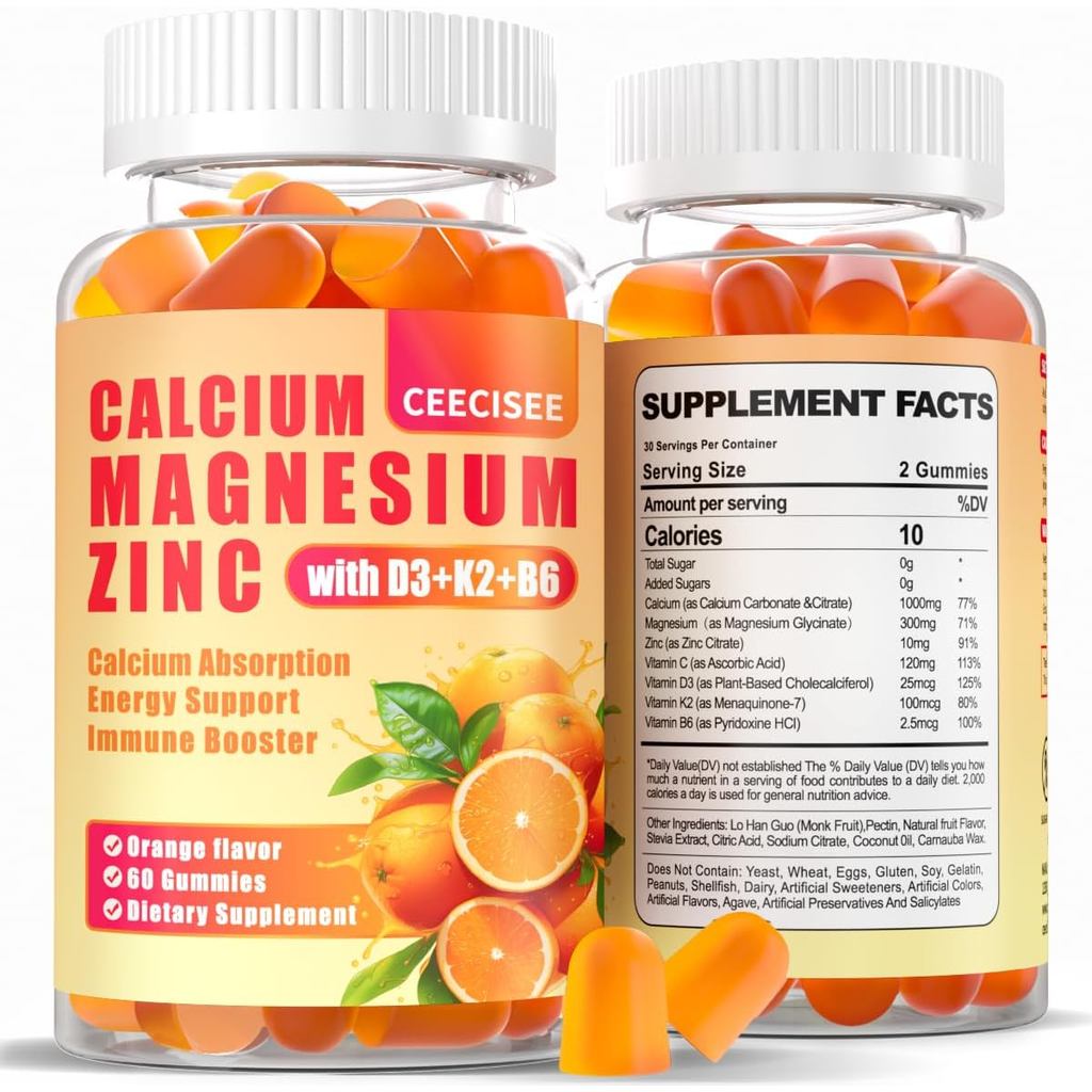 กัมมี่แคลเซียม แมกนีเซียม สังกะสี และวิตามิน D3, B6, K2, 1000 mg พร้อมแมกนีเซียม 300 มก., ไม่มีน้ำตา