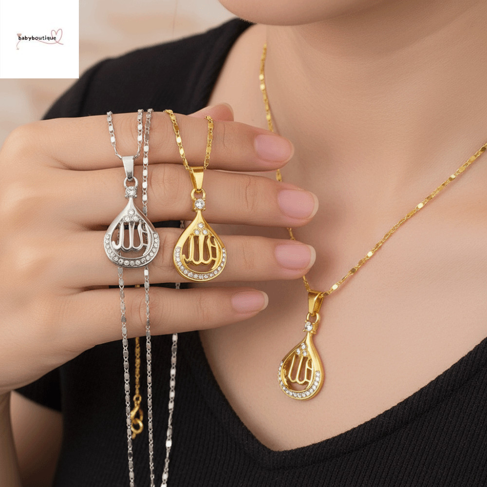 BABYBOUTIQUE Allah จี้สร้อยคอ, จี้ทรงหยดน้ําคริสตัล สร้อยคออิสลาม, แฟชั่นสแตนเลสสตีลสัญลักษณ์รอบจี้ 