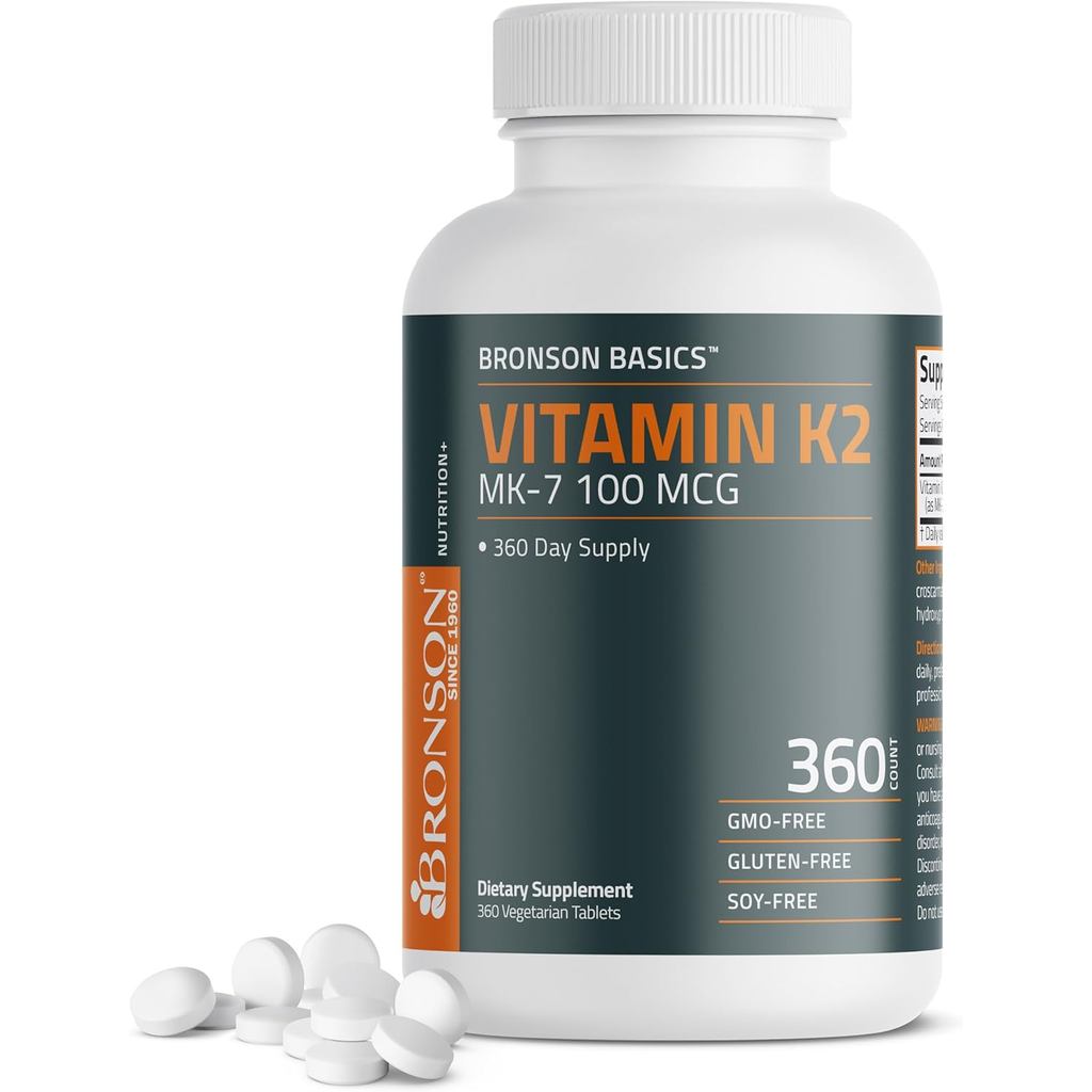 Bronson Vitamin K2 MK-7 100 MCG, K2 as MK7 Menaquinone, Bone Support, 360 Tablets