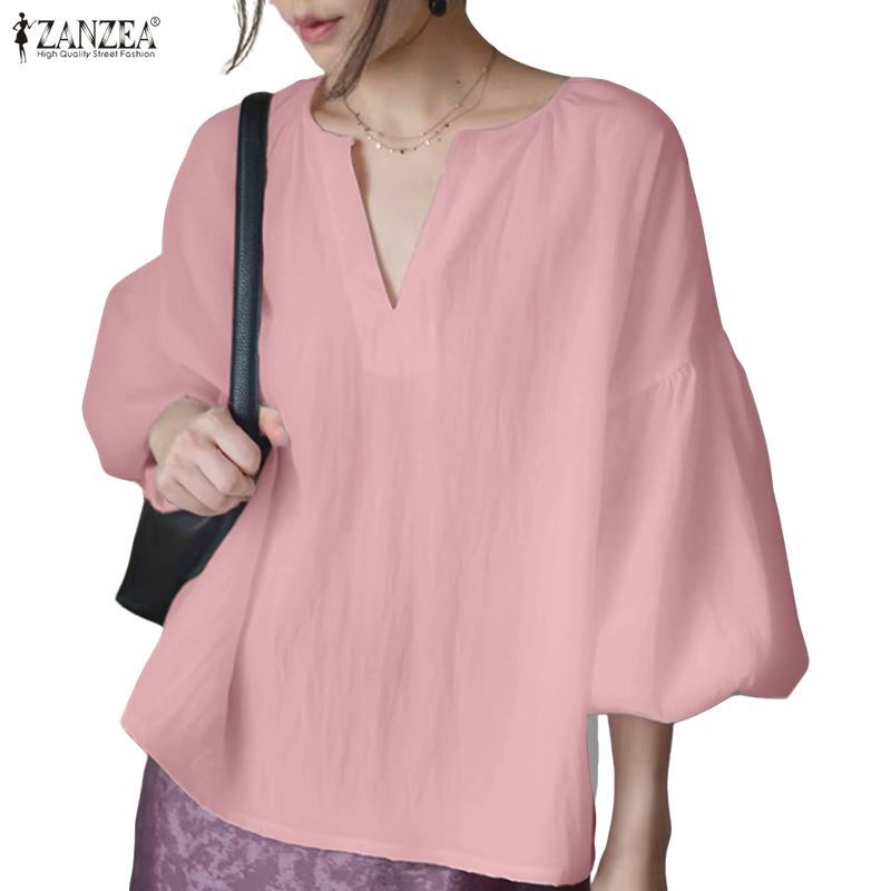 เบลาส์ทรงหลวมคอวีสำหรับใส่ลำลองสไตล์เกาหลี ZANZEA — صورة 6