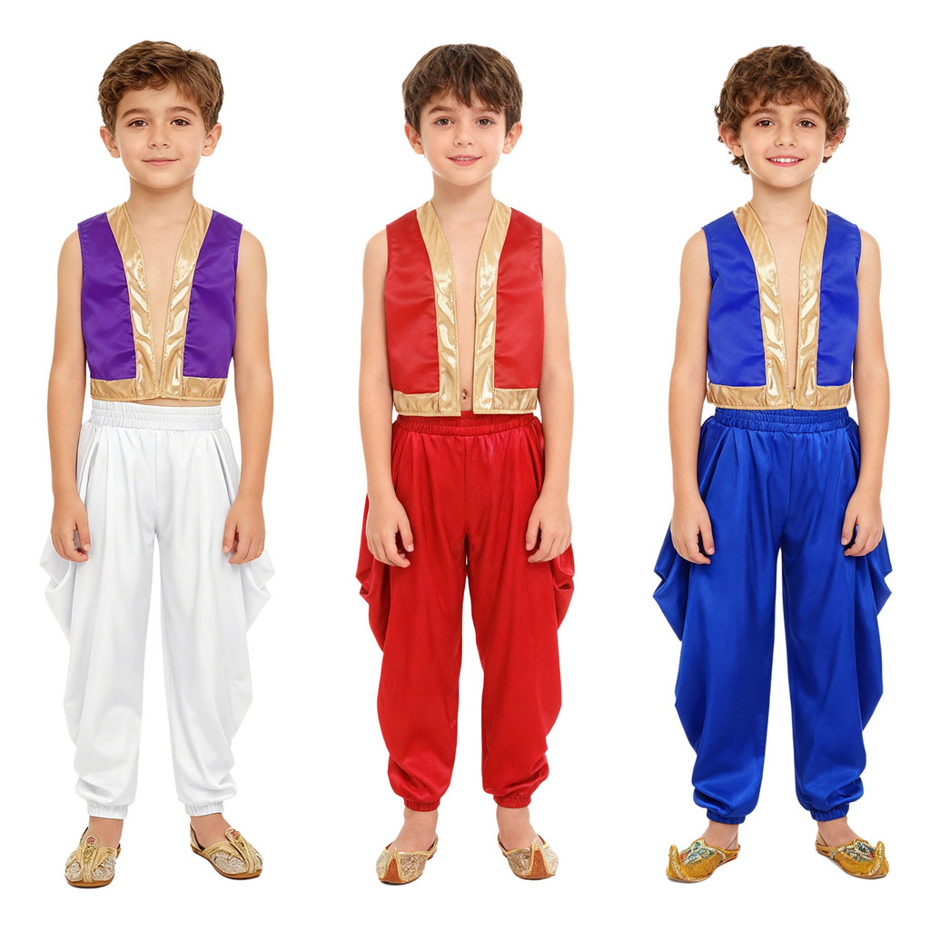 Yeahdor เด็ก 2 ชิ้น Arabian ชุดคอสเพลย์ชุดเสื้อกั๊กหลวมซาติน Dhoti กางเกงเอวยางยืดหลวม Baggy กางเกงชุด Halloween Dress Up เครื่องแต่งกาย