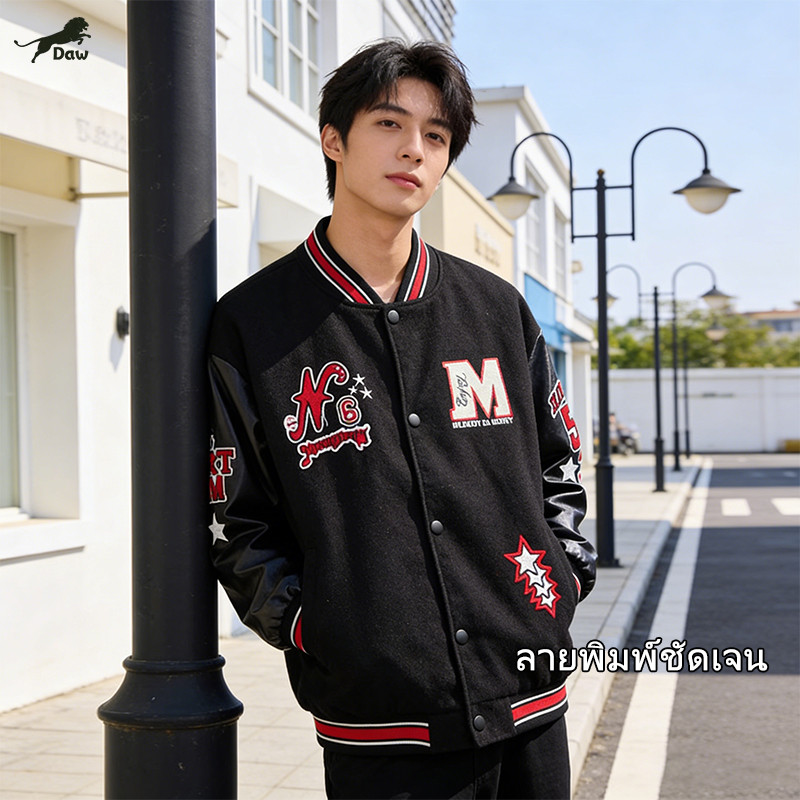 DAW แจ็คเก็ต ผู้ชาย สีดำ แจ็คเก็ตเบสบอล พิมพ์ลายดอกไม้ รูปที่ 6